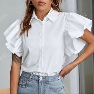 PRE-OWNED WOMEN'S RUFFLE SLEEVE BLOUSE- WHITE- XSMALL